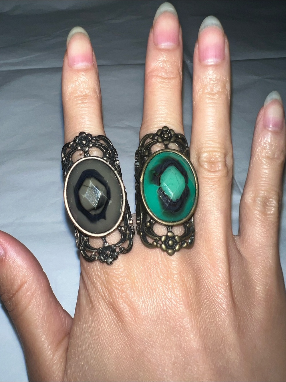2 Vintage-Style Filigree Cocktail Ring with Green Stone